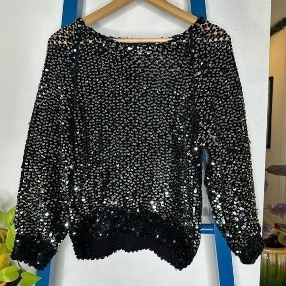 Vintage 90s Saks Fifth Avenue Open Knit Black Silver Sequin Sweater Womens Small